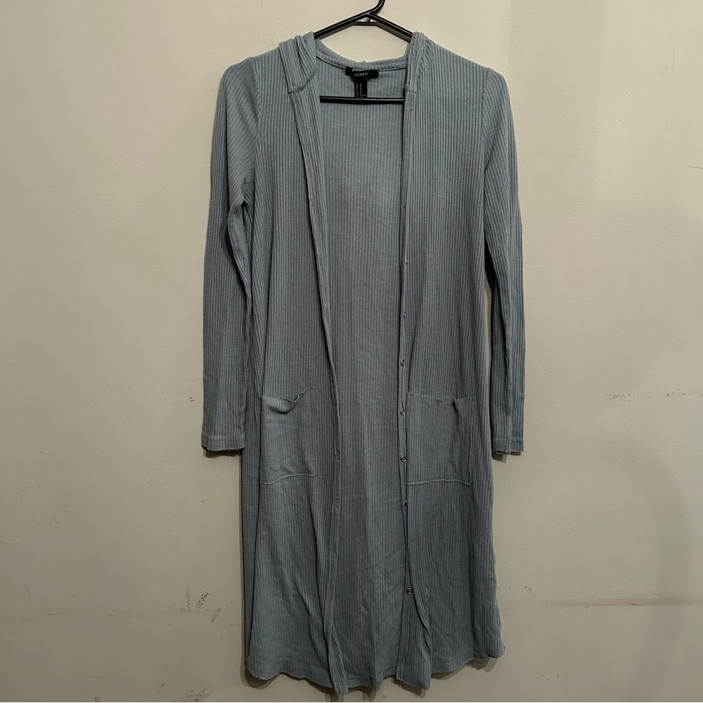 Dusty blue button up long cardigan duster